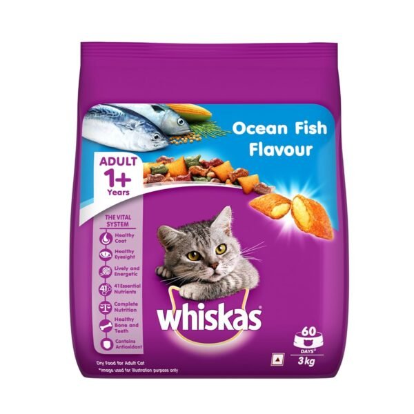 Whiskas Dry Food for Adult Cats (1+ Years), Ocean Fish Flavour, 3kg Pack